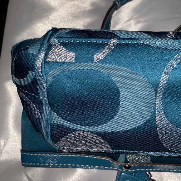 Pre loved Coach signature stripe, 3 teal metallic tote shoulder bag. - Picture 6 of 9